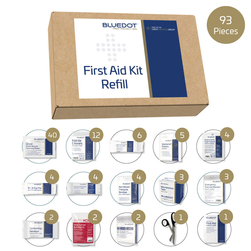First aid kit refill with various medical supplies.