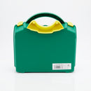 Green first aid kit with yellow handle.