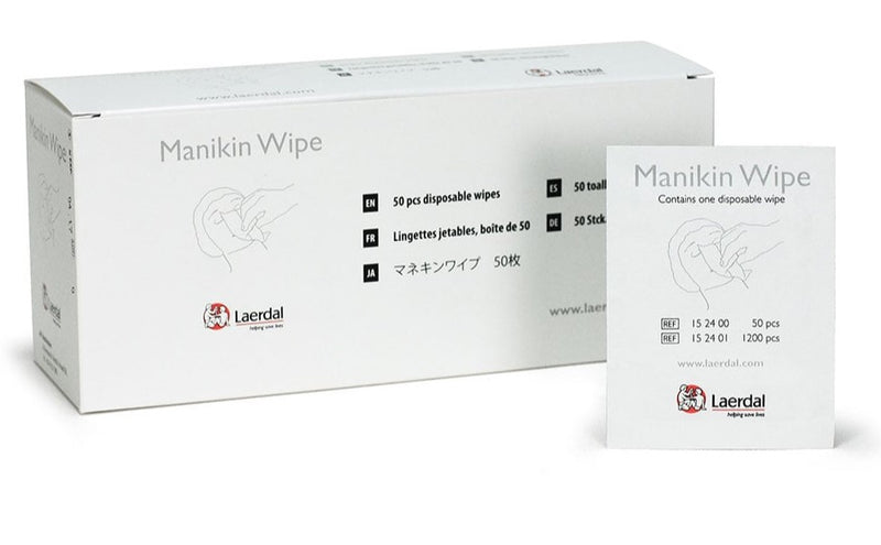 Laerdal Resusci Manikin Wipes (Box 50). Used to disinfect manikins before and after each student during First Aid Training. LOW EXPIRY DATE STOCK: 30.01.2024 Individually wrapped sachets Each sachet contains a pad soaked in 70% ethyl alcohol Each wipe measures 7.75 inches x 5.5 inches.