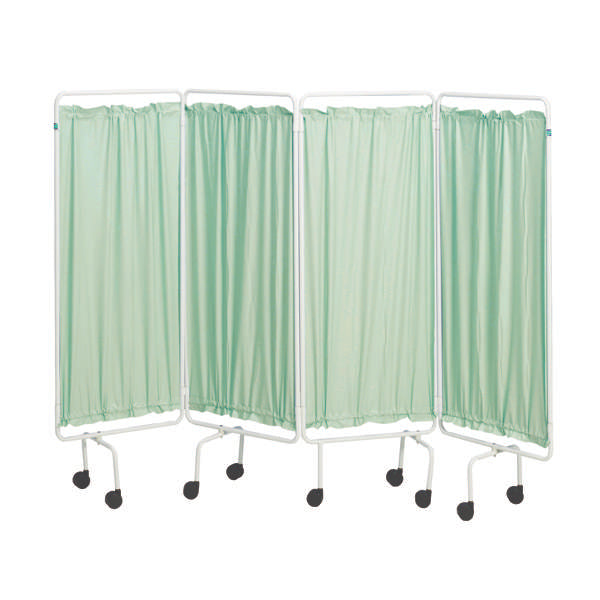 The screen frame and curtain system offers a modest privacy area, consisting of a four panel white screen frame, fitted with traditional plastic curtains. 