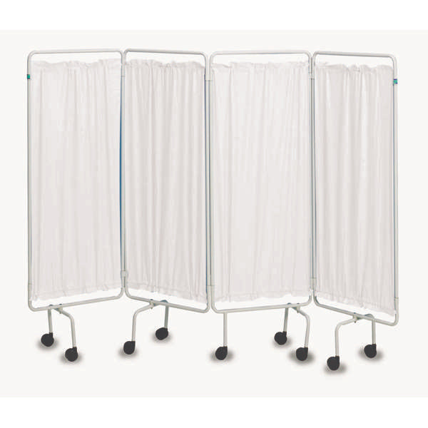 The screen frame and curtain system offers a modest privacy area, consisting of a four panel white screen frame, fitted with traditional plastic curtains. 