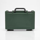 Green plastic carrying case with black handle.