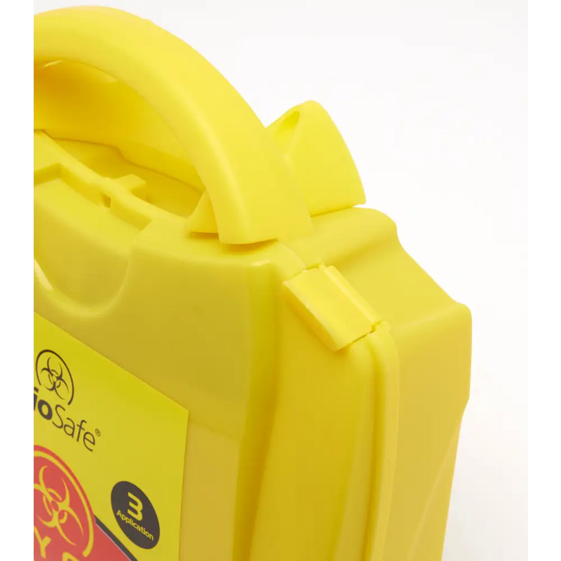 Yellow biohazard sharps container.
