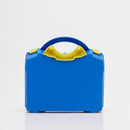 Blue and yellow plastic briefcase.