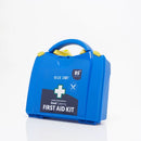 Blue plastic first aid kit.