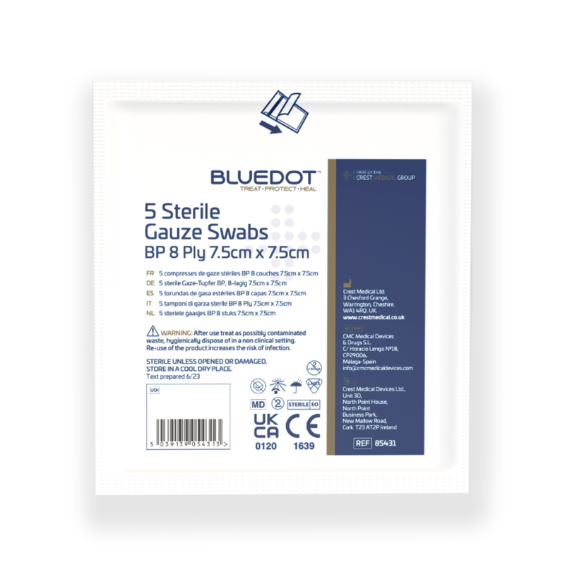 Blue Dot Sterile Gauze Swabs (Pack 5) - 7.5cm x 7.5cm