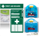 First aid and eyewash kits with accompanying board.