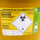 Yellow sharps container with biohazard warning.