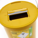 Yellow sharps disposal container.