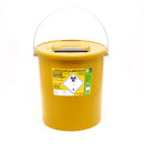 Yellow biohazard sharps container.