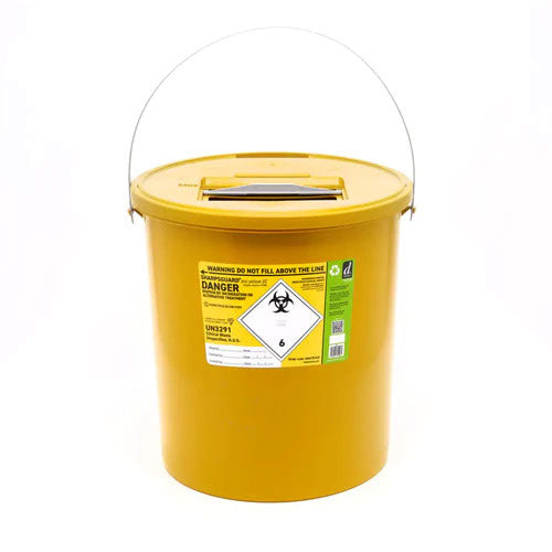 Yellow biohazard sharps container.