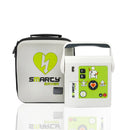 Automated external defibrillator with carrying case.
