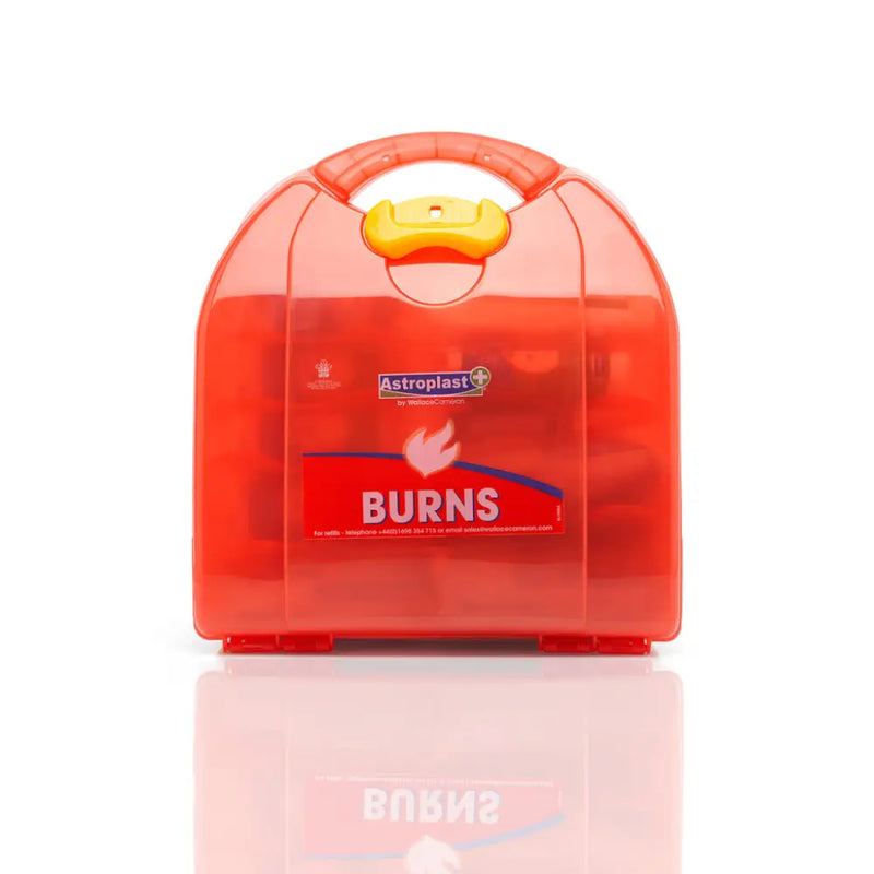 Red plastic burns first aid kit.