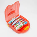 Open orange burns first aid kit.