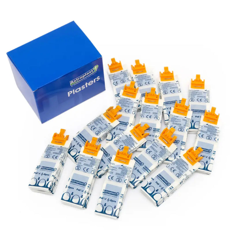 Box of Astropast plasters with individual packets.