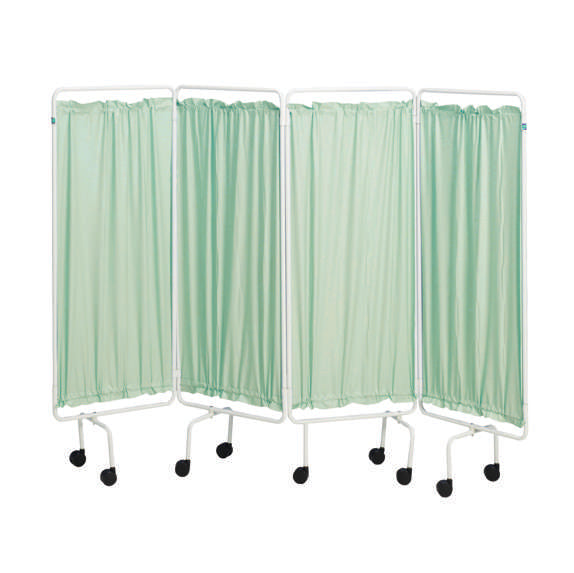 White Screen Frame Including Four Green Curtains