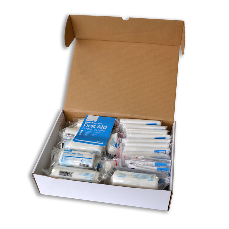 HSE compliant refill kits for restocking HSE compliant workplace first aid kits. Available in three variants, up to 50 people. 