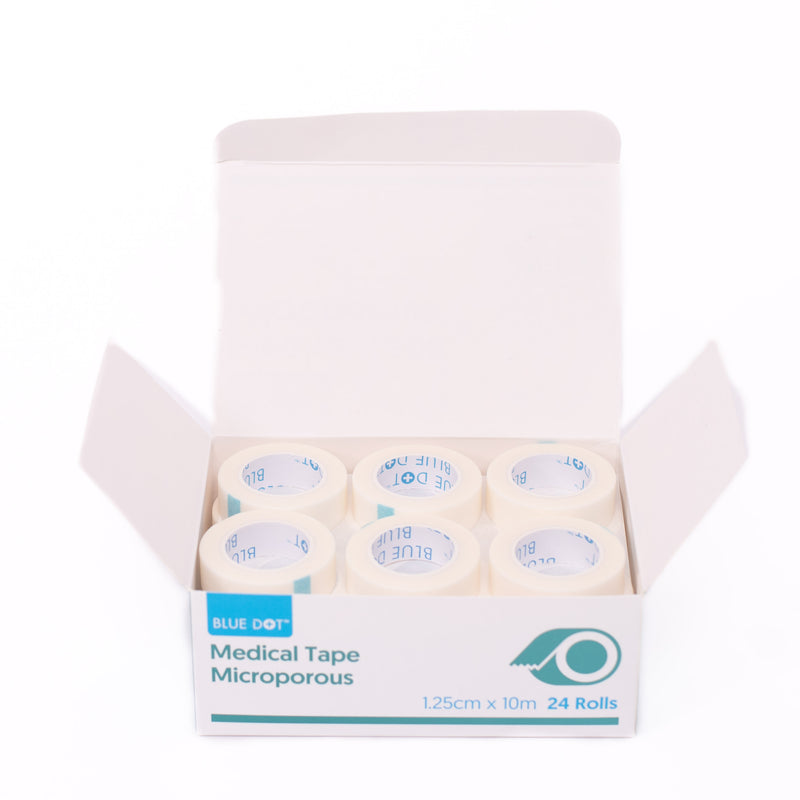 Blue Dot Microporous Tape is used to hold wound dressings and bandages, needles and cannulas in place. It is made from a non woven multipurpose paper tape with low allergy adhesive. Easy to tear. Various box volumes. 