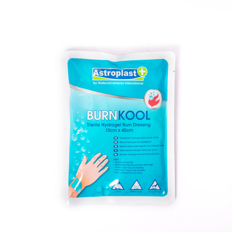 Burnkool Sterile Hydrogel Burn Dressing in size 10 centimetres by 40 centimetres. Ideal for soothing burns from sunburn, boiling liquids and hot surfaces. Minimises trauma and skin damage.
