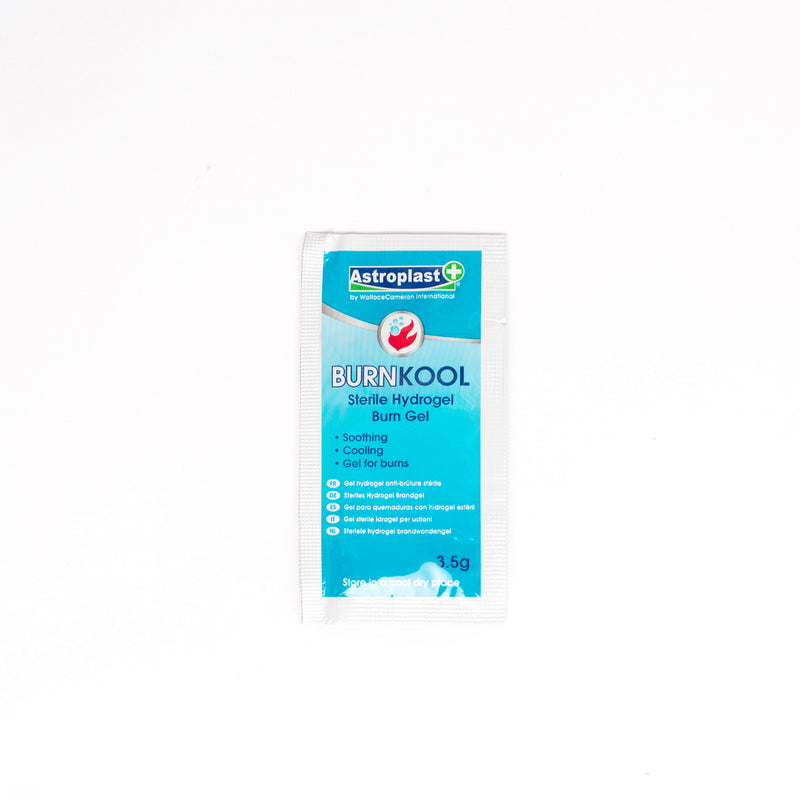 First Aid Burn Gel for minor burns and scalds. BurnKool dressings promptly relieve pain and protect the wound from further contamination by cooling the burn, reducing burn progression and healing the skin. 3.5g Soothes Pain Non-Irritating Helps Prevent Contamination Pre-cooling not required Apply a generous layer to affected area. The gel is most effective when applied in a thick layer and allowed to remain in contact with skin for a min. of 30 minutes.