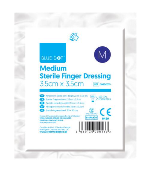 Provides excellent protection and cushioning for finger wounds. Available in 2 sizes. Blue Dot finger dressings for small hand cuts. Easily secured. Perfect for small cuts on hands and fingers Quick and easy to apply. Sterile and individually wrapped for storage and greater hygiene.