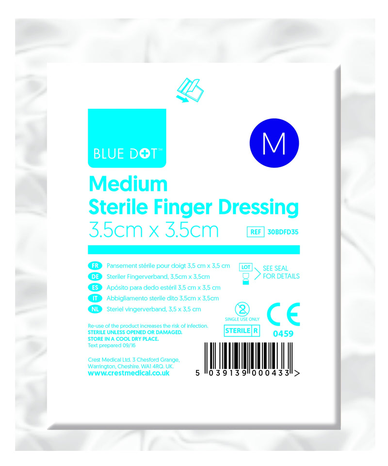 Provides excellent protection and cushioning for finger wounds. Available in 2 sizes. Blue Dot finger dressings for small hand cuts. Easily secured. 
