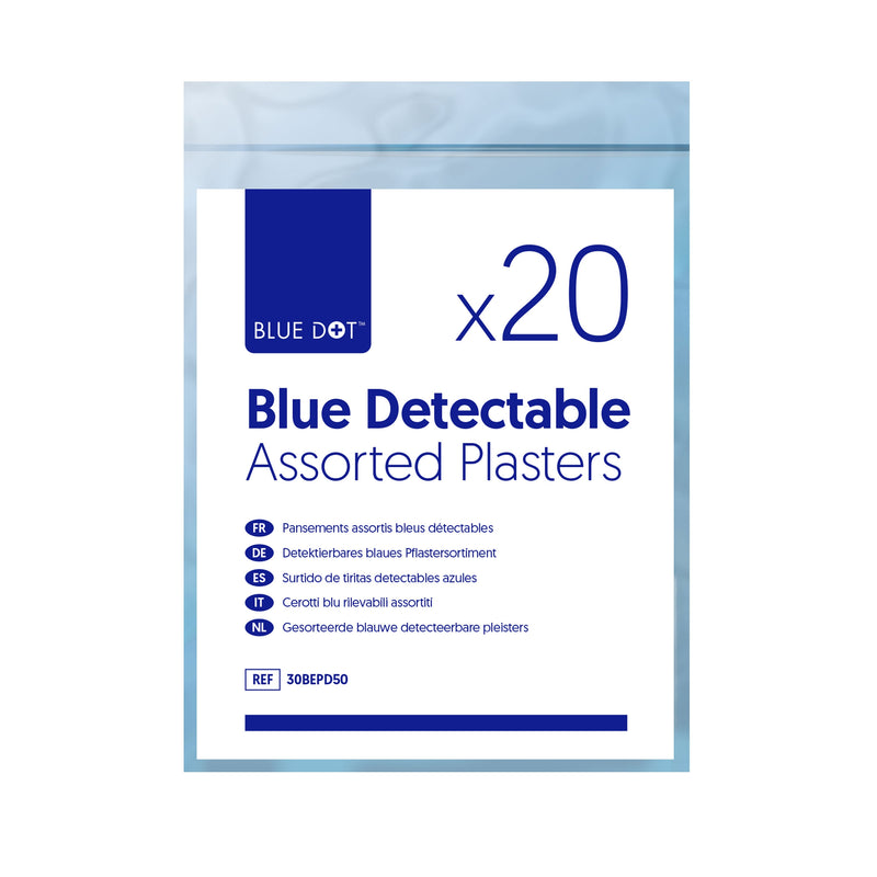 This bag of 20 assorted blue detectable plasters is ideal for replenishing a catering first aid kit and come within their own resealable bag. They protect against cross contamination between blood and the products handled, whilst providing a visually detectable product due to its blue colour should the plaster become loose. 