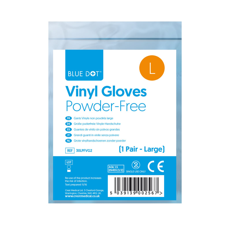 Premium quality and cost effective. These vinyl gloves are supplied in a grip sealed bag and are ideal for restocking a first aid kit. Non sterile, clear, smooth examination gloves - beaded cuff, high tensile strength. Latex free and ideal for low risk/non hazardous applications.
