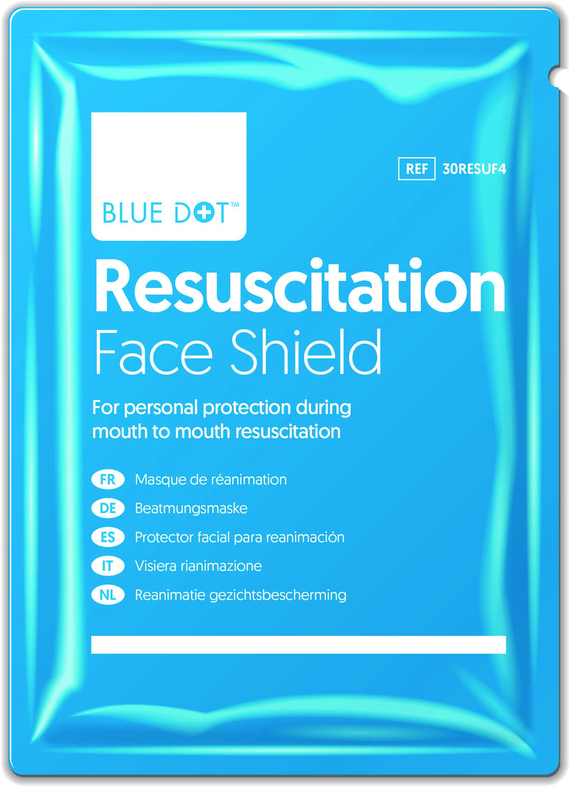 Resuscitation Face Shield for first aid. Bluedot brand. Provide a hygienic barrier helping to minimise the risk of cross infection. Key Features:-Pocket sized-Essential for first aiders, single-unit. 