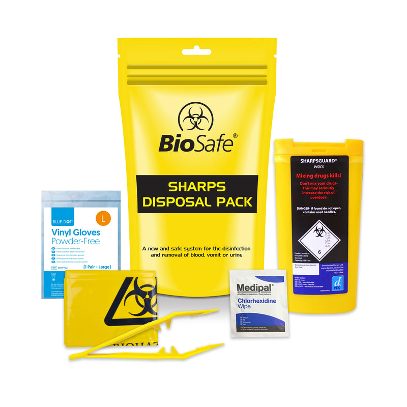 Our standard sharps pack provides the basic utensils for dealing with used needles, syringes and blades in safe and efficient way. Will aid the removal, containment and disposal of discarded syringes and needles. Forceps and sharps bin can be used to dispose of discarded sharps. 