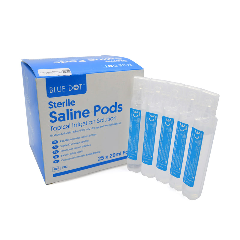 Blue Dot Sterile Saline Pods for Eye irrigation. Each pod is 20ml and you will receive 25 pods in a pack. Ideal for use in first aid kits and when employees may be working off site with no immediate access to water. Each 20ml eyewash pod contains the active ingredient of 0.9% w/v sodium chloride EP which means it is ideal for irrigating and cleansing the eye, or a wound. 