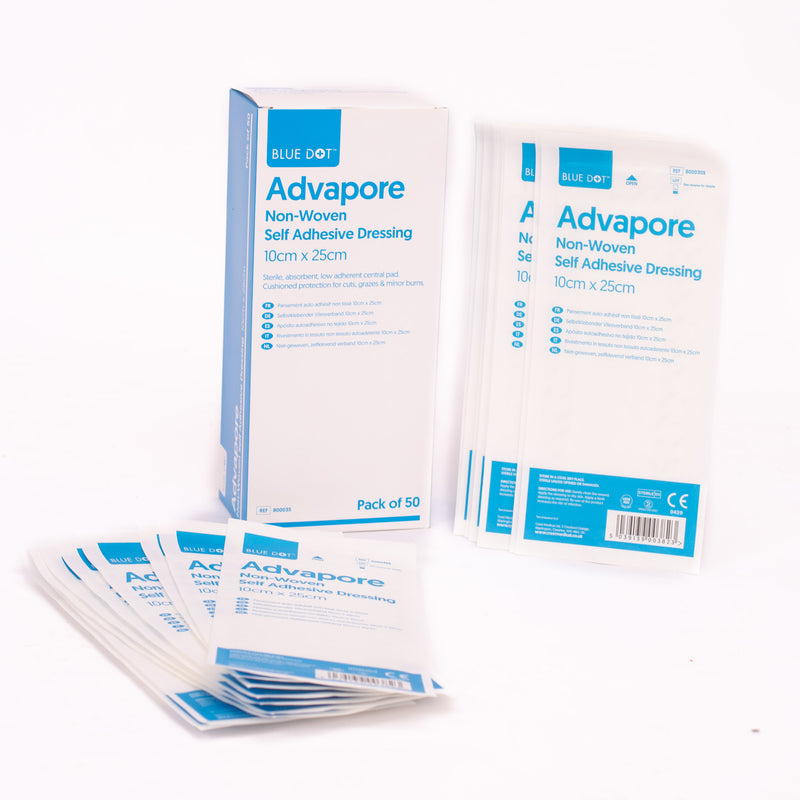 Blue Dot Non Woven Advapore Dressings are a self adhesive wound dressing with low allergy adhesive. Sterile with a self-adhesive, highly absorbent central pad. Its flexible stretch fabric conforms to body contours. 