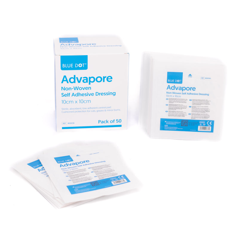 Blue Dot Non Woven Advapore Dressings are a self adhesive wound dressing with low allergy adhesive. Sterile with a self-adhesive, highly absorbent central pad. Its flexible stretch fabric conforms to body contours. Key Features:-Sterile with a self-adhesive, highly absorbent central pad.