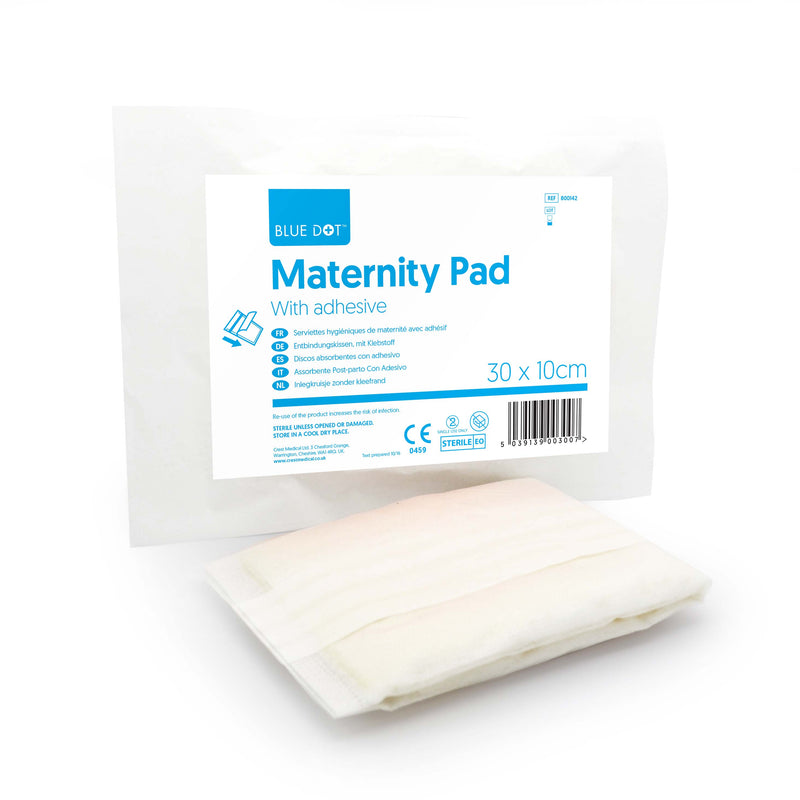 Blue Dot Maternity Pads are sterile with the option of an adhesive or non-adhesive backing. Individually wrapped, sterile and latex free. Key Features:-Sterile-Latex Free-Adhesive or non adhesive option-Size 30cm x 10cm Maternity Pads provide instant absorption and leak-proof protection helping you to stay dry. 