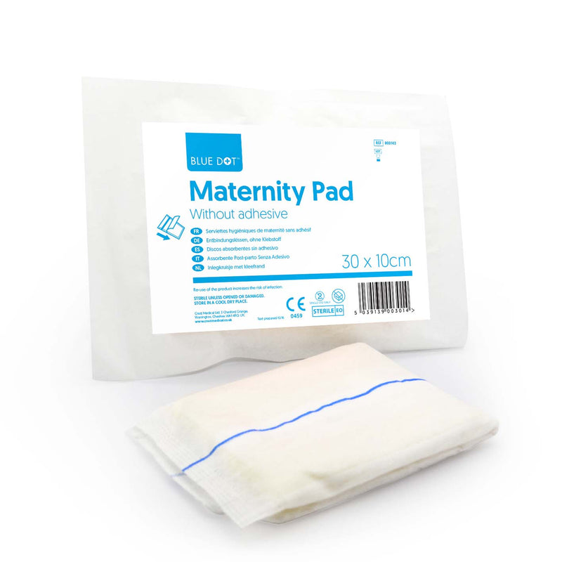 Blue Dot Maternity Pads are sterile with the option of an adhesive or non-adhesive backing. Individually wrapped, sterile and latex free. Size 30cm x 10cm Maternity Pads provide instant absorption and leak-proof protection helping you to stay dry, day or night. 