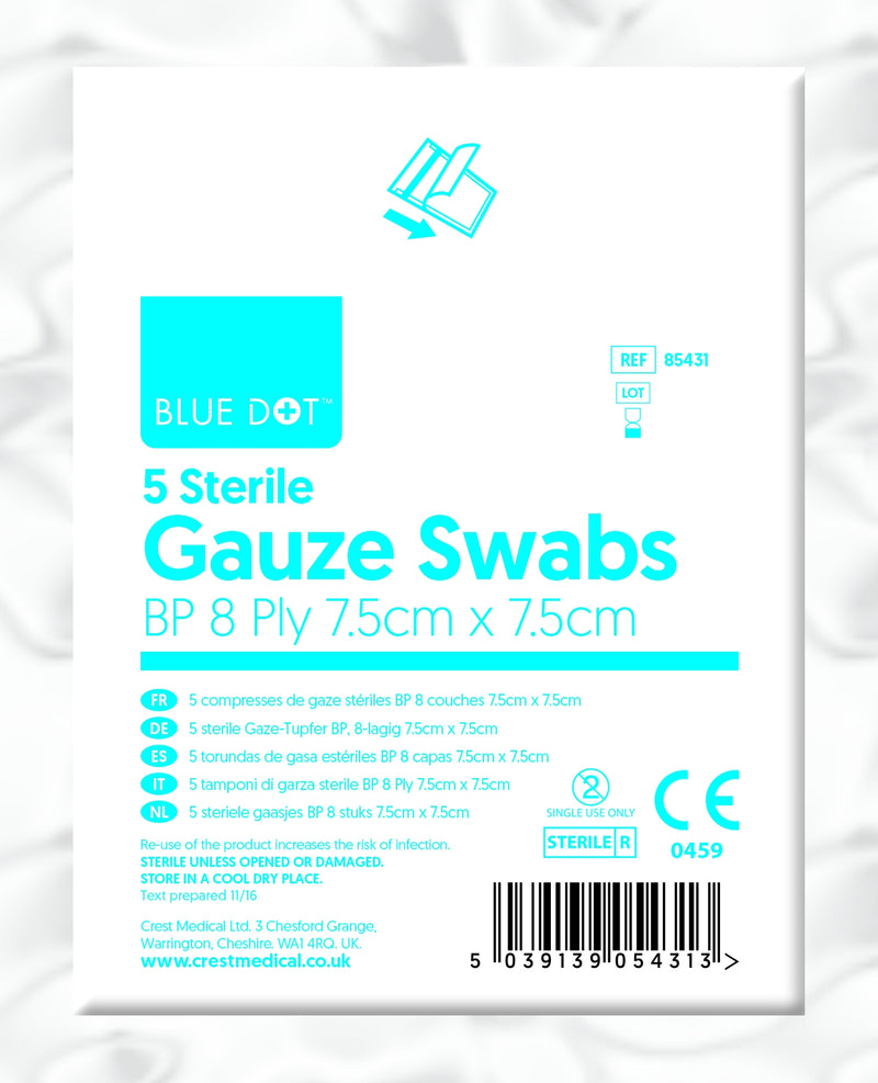 Blue Dot Sterile 7.5cm x 7.5cm Gauze Swabs (Pack 5)