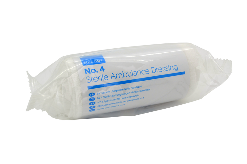 Sterile dressing pad with bandage, suitable for use by First Aiders, Paramedics and the Emergency Services. Available in 4 sizes. Sterile, flow wrapped Ambulance dressings are unmedicated dressings with thicker pad for severe wounds where heavy blood loss occurs. 